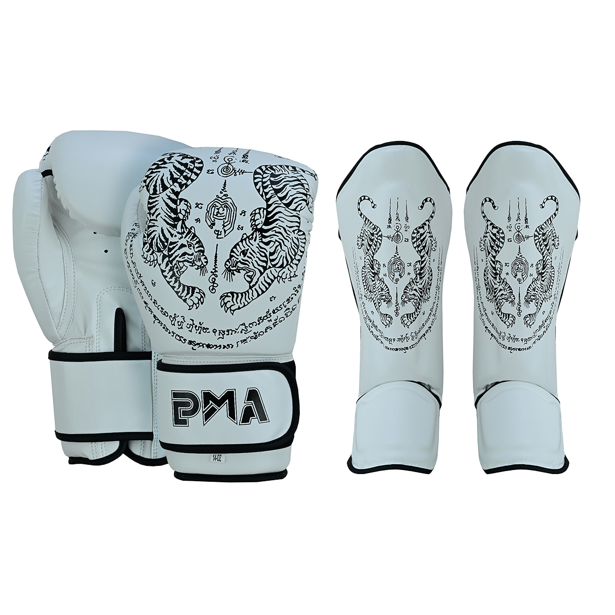 (image for) PMA Twin Tigers Muay Thai Boxing Gloves & Shin Pads Set - White