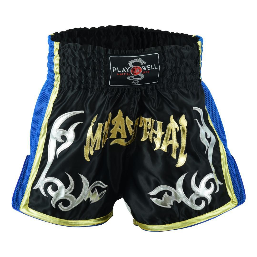 Muay Thai Competition Mesh Tribal Fight shorts - Black/Blue (image for) Muay Thai Competition Mesh Tribal Fight shorts - Black/Blue