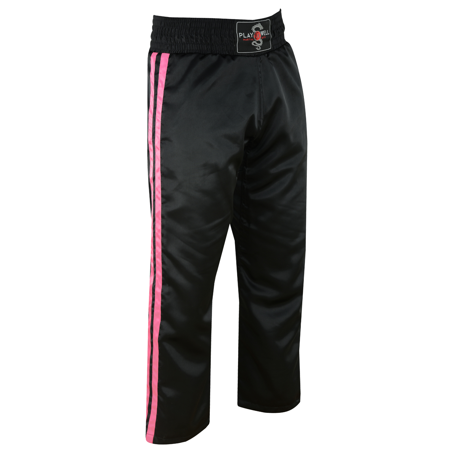 (image for) Ladies Black Satin Kickboxing Trouser - With 2 Pink Stripes