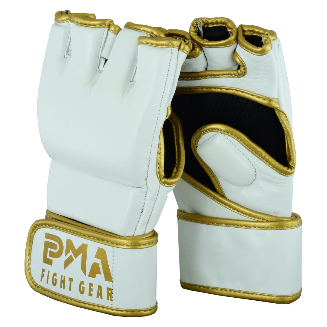 MMA Leather Elite White/Gold Grappling Fight Gloves (image for) MMA Leather Elite White/Gold Grappling Fight Gloves
